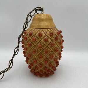 Vintage 60's/70's Harvest Gold MCM Hanging Swag Lamp Light Orange Beaded Accents